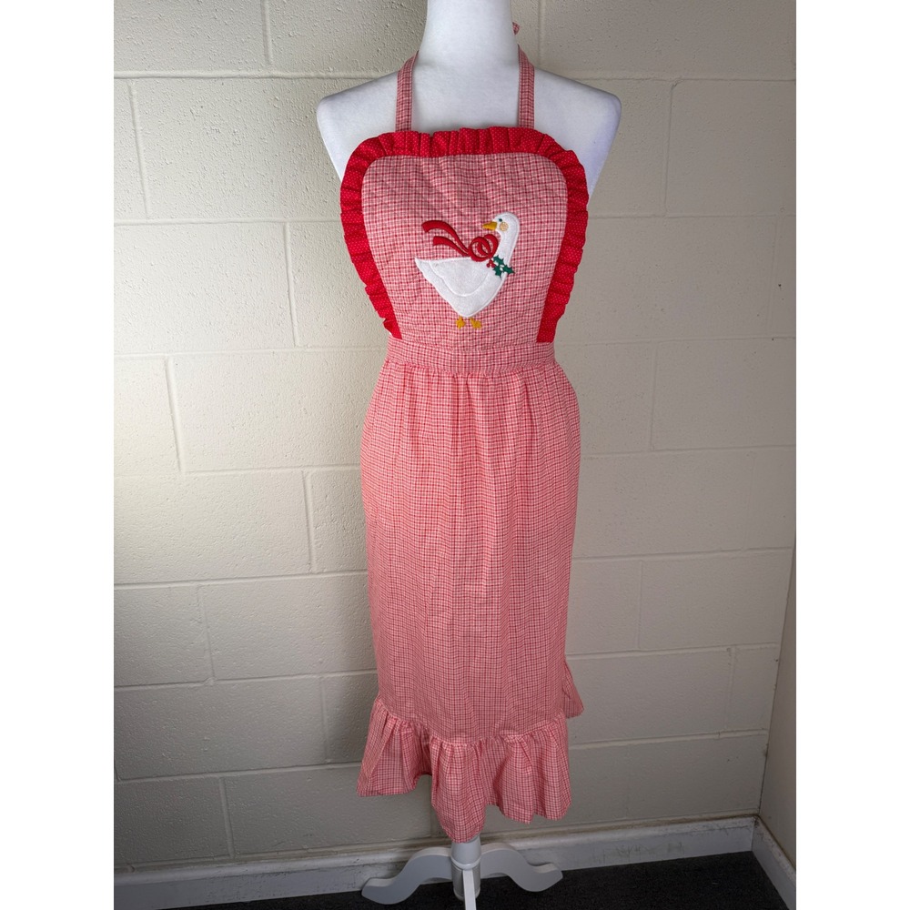 Vintage Red and White Gingham Apron Holiday Goose Applique Christmas Baking